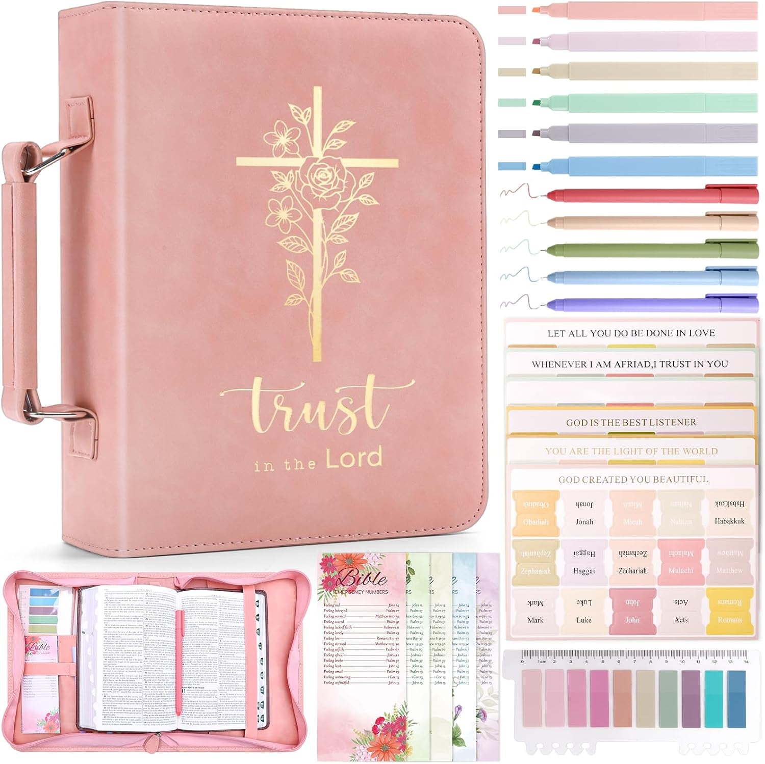 Bible Cover Case for Women, Leather Bible Bags with Study Supplies Journaling Kit, Gold Foiled Carrying Case Large Church Book Holder with Handle, Christian Gifts for Lady