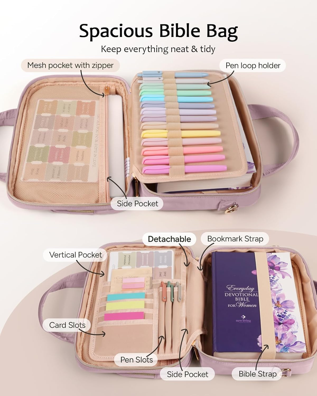 Stylish Bible Cover Case for Women - Large Bible Bag with Complete Study Supplies, Highlighters & Pens - Perfect Christian Gift in Dusky Rose