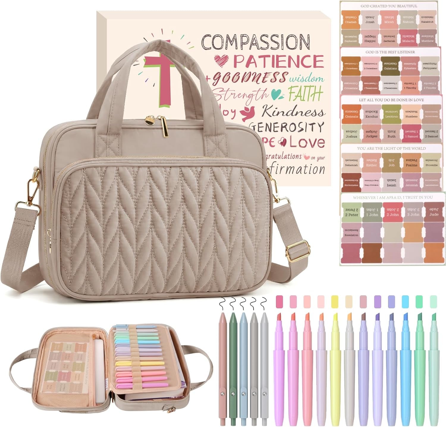 Bible Cover Case for Women, Large Bible Bag with Study Supplies, Bible Journaling Kit with Highlighters and Pens No Bleed, Christian Gift for Women (Shoulder Strap, Smokey Taupe)
