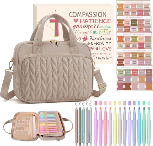 Bible Cover Case for Women, Large Bible Bag with Study Supplies, Bible Journaling Kit with Highlighters and Pens No Bleed, Christian Gift for Women (Shoulder Strap, Smokey Taupe)