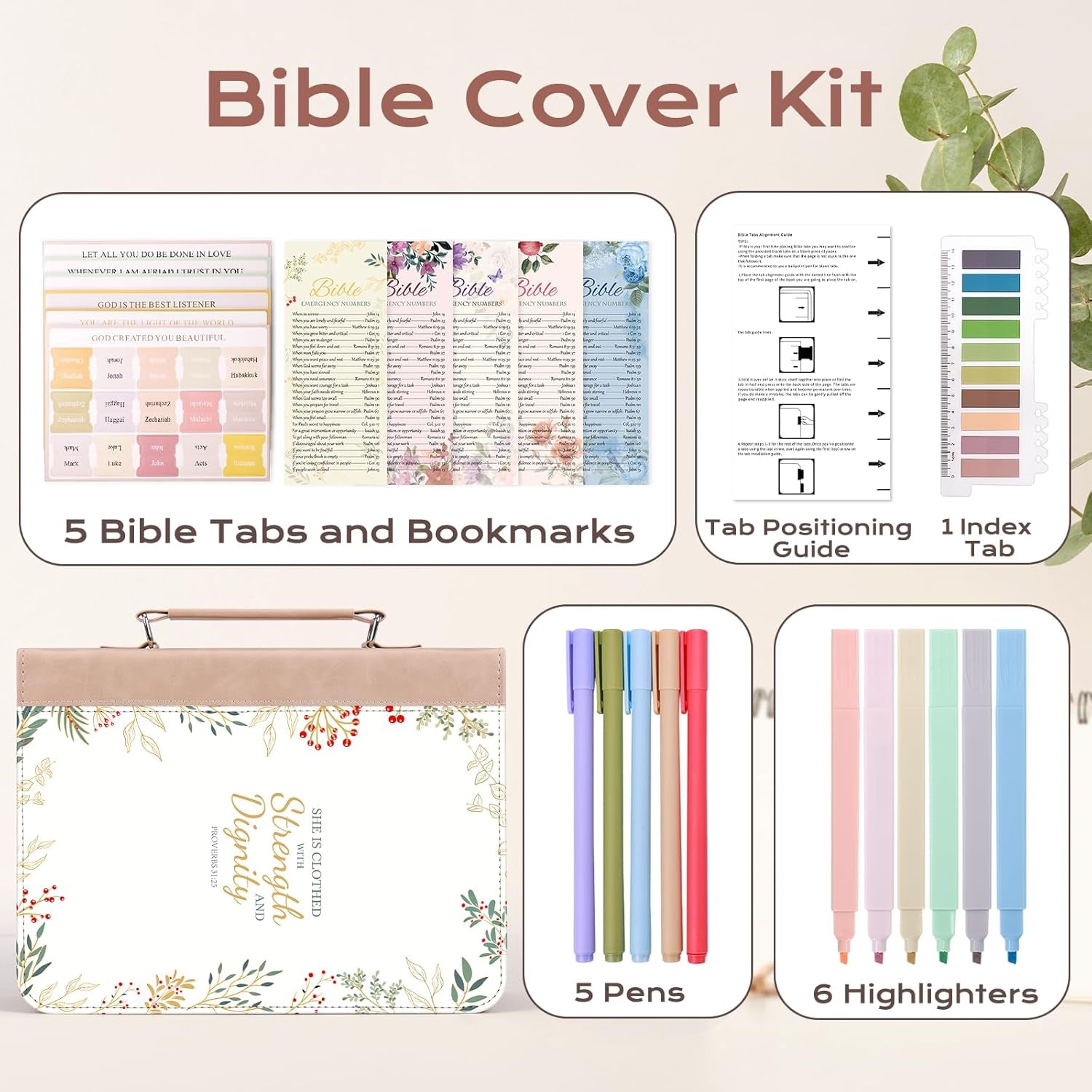 24 Pcs Leather Bible Covers Kit, Study Supplie Case with Bible Tabs, Bookmarks, Pens, Large Bible Cover Case Church Bible Holder Mothers Day Christian Gifts for Mom Women