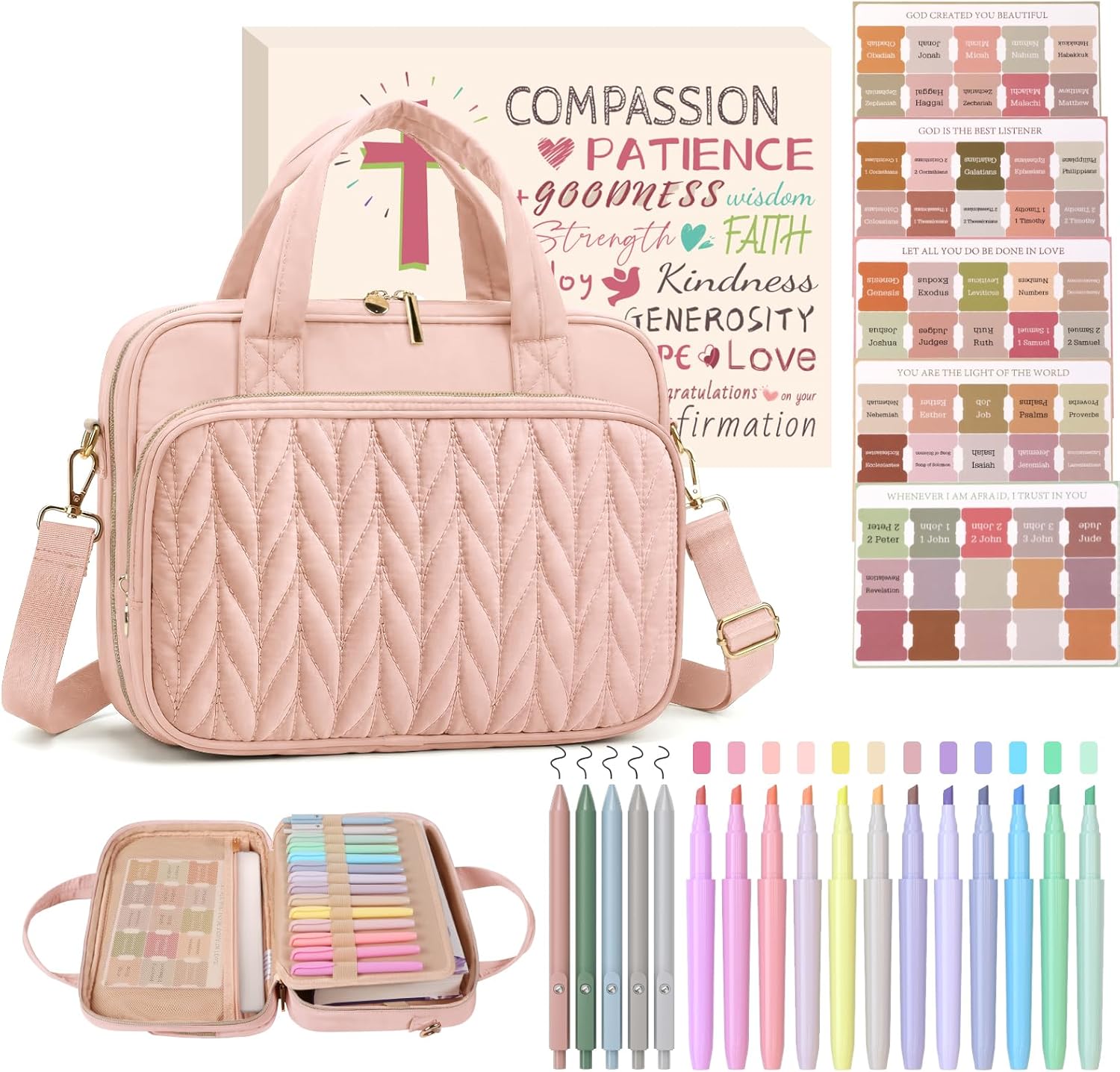 Stylish Bible Cover Case for Women - Large Bible Bag with Complete Study Supplies, Highlighters & Pens - Perfect Christian Gift in Dusky Rose