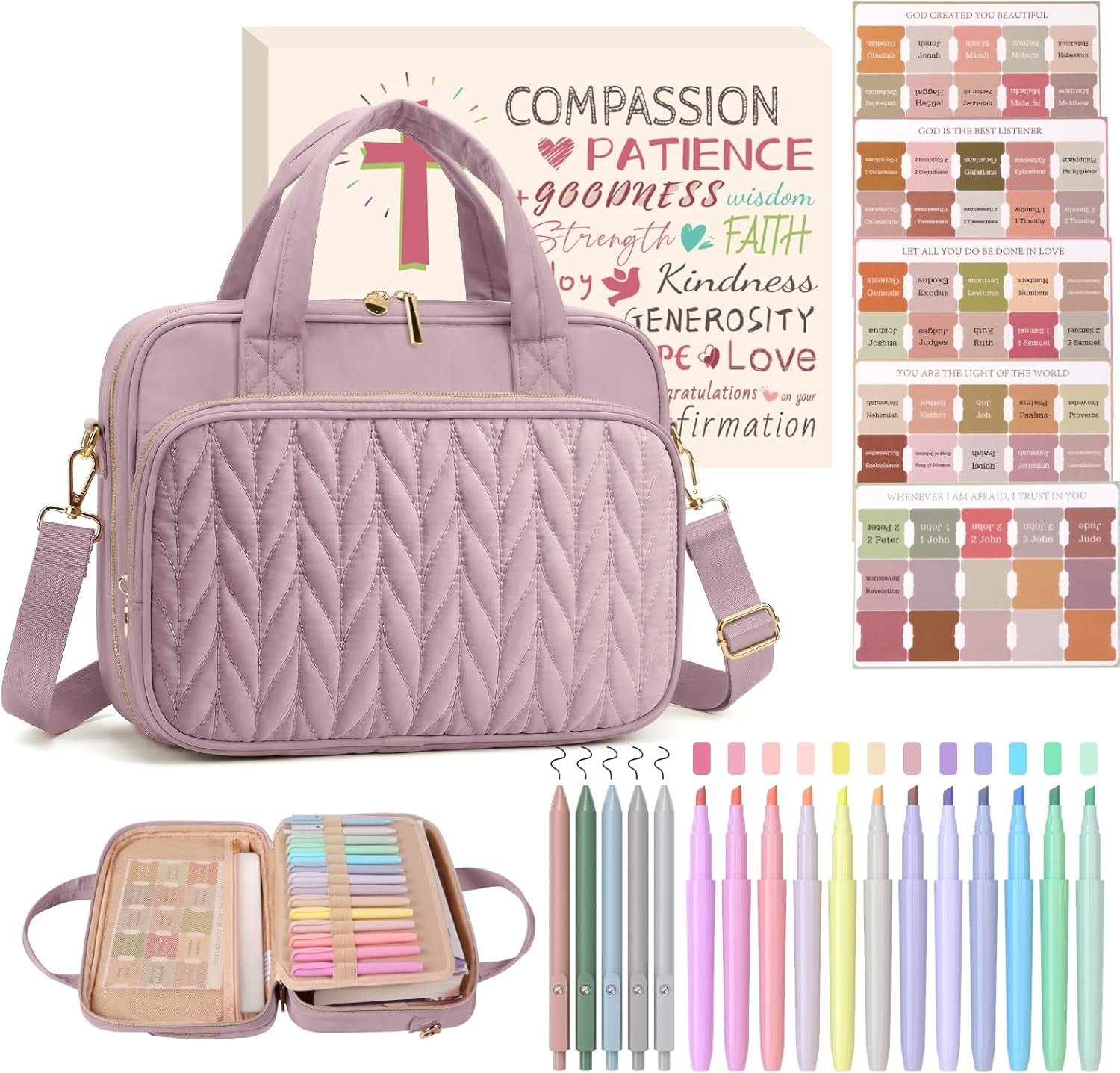 Stylish Bible Cover Case for Women - Large Bible Bag with Complete Study Supplies, Highlighters & Pens - Perfect Christian Gift in Dusky Rose
