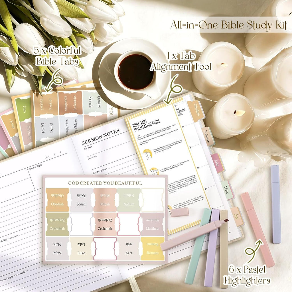 Transform Your Faith Journey with Our Beautiful Bible Study Guide Journals for Women - Complete with Tabs, Highlighters, and Thoughtful Prompts for Daily Devotion and Reflection in Elegant Beige Linen
