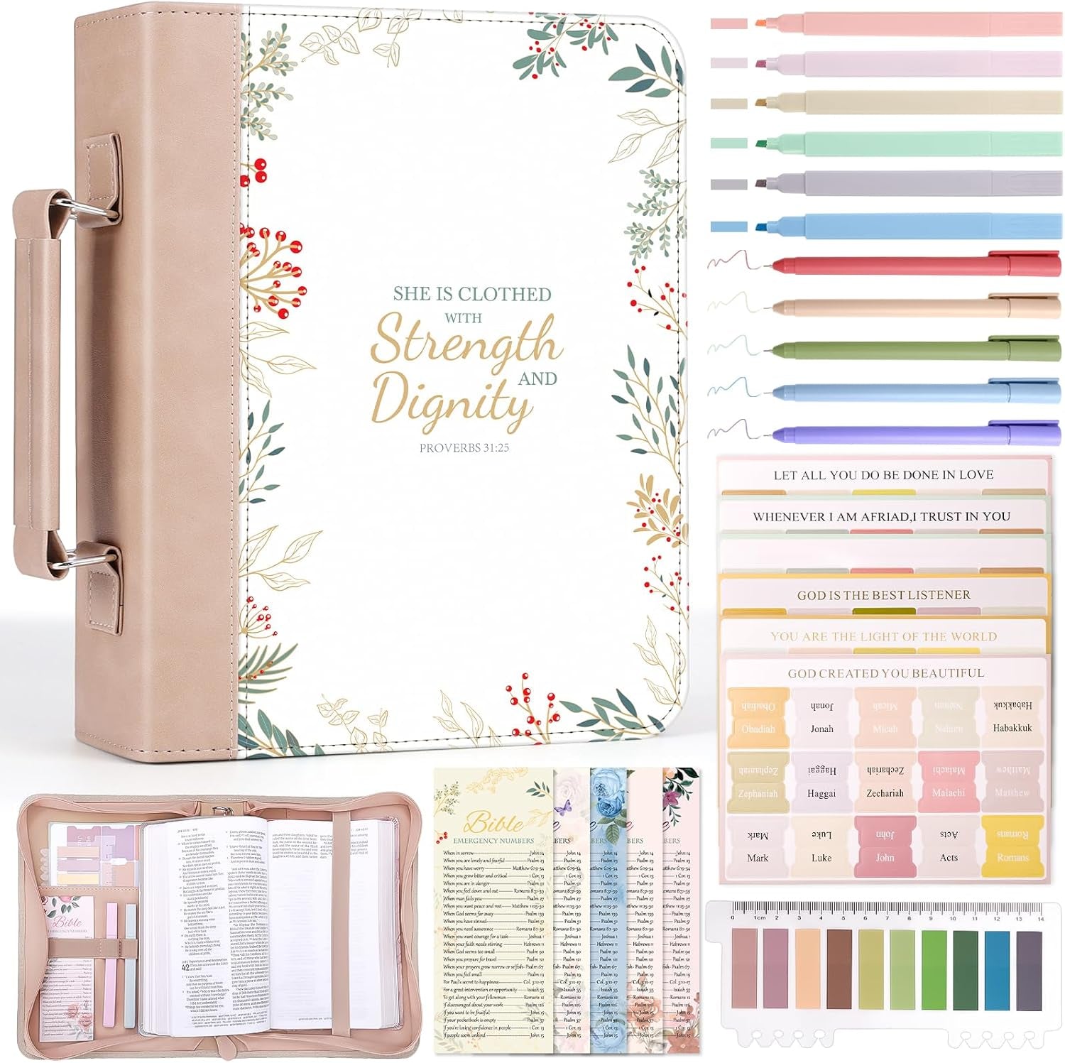 24 Pcs Leather Bible Covers Kit, Study Supplie Case with Bible Tabs, Bookmarks, Pens, Large Bible Cover Case Church Bible Holder Mothers Day Christian Gifts for Mom Women