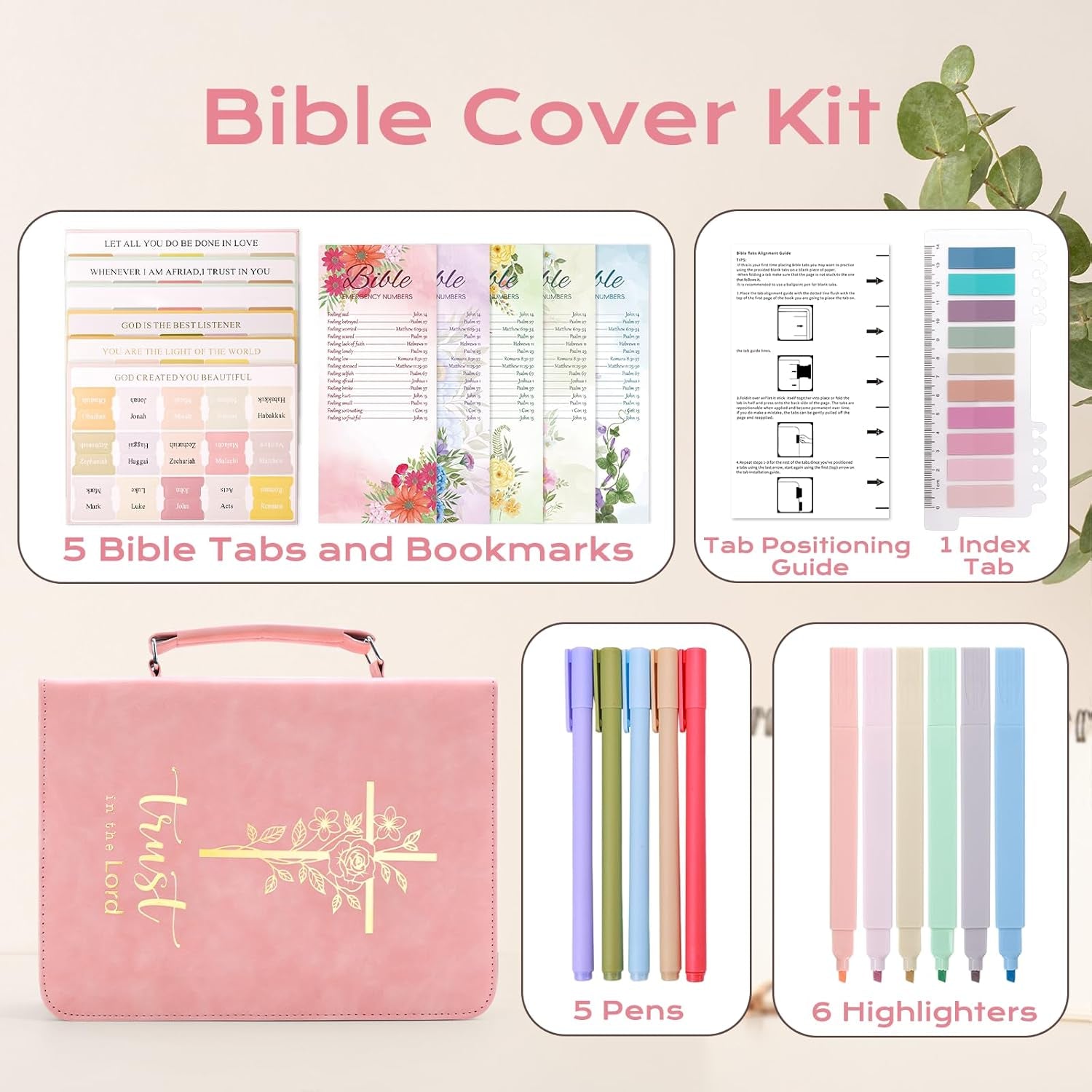 Bible Cover Case for Women, Leather Bible Bags with Study Supplies Journaling Kit, Gold Foiled Carrying Case Large Church Book Holder with Handle, Christian Gifts for Lady