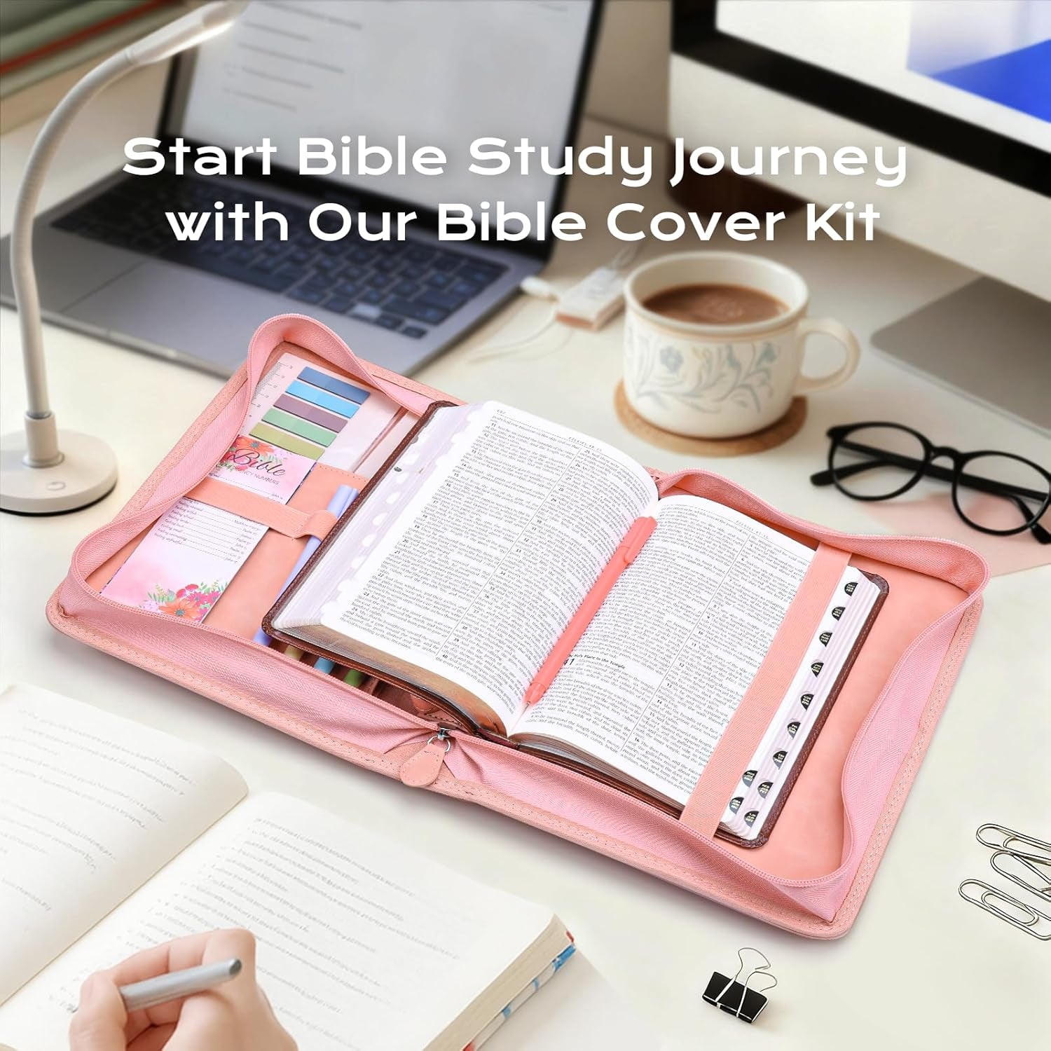 Bible Cover Case for Women, Leather Bible Bags with Study Supplies Journaling Kit, Gold Foiled Carrying Case Large Church Book Holder with Handle, Christian Gifts for Lady